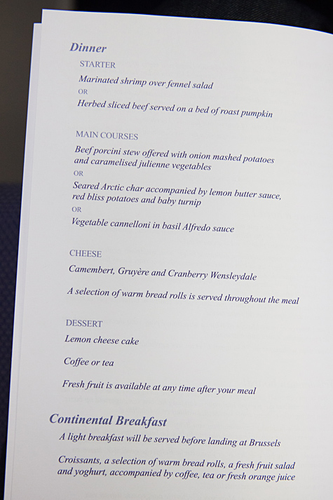 Brussels Airlines new business class dinner breakfast menu