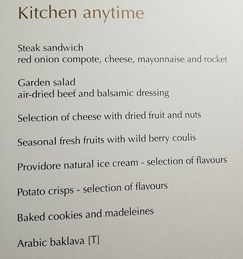 Etihad Pearl Business Class Kitchen Anytime menu