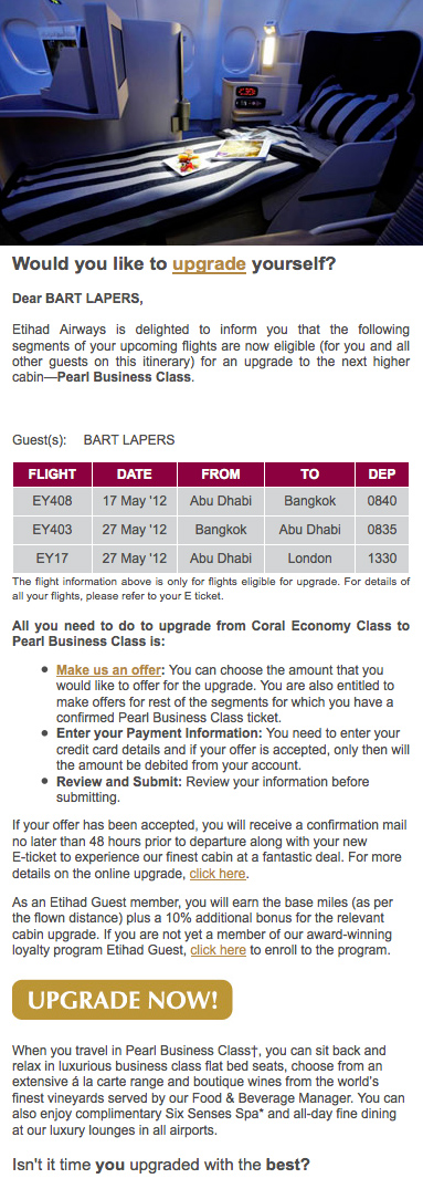 Etihad Upgrade Offer to Pearl Business Class