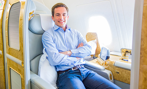 Bart Lapers at Emirates First Class Suite 3A Amsterdam Dubai A380