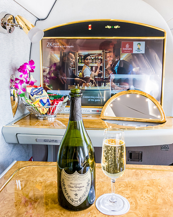 Emirates First Class A380 Dom Perignon 2004 Champagne Predeparture drink