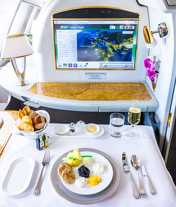 Emirates First Class EK148 Amsterdam Dubai Chilled Caviar Service