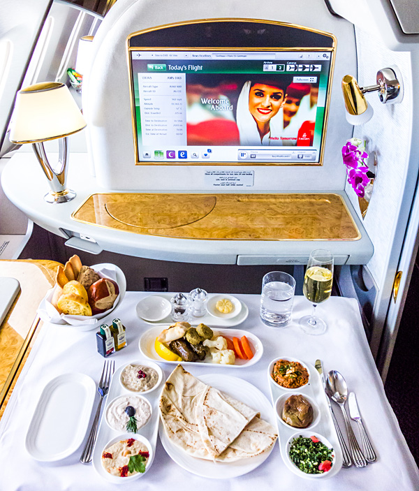 Emirates First Class EK148 Amsterdam to Dubai Traditional local Arabic Mezze