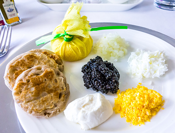 Emirates First Class EK148 Caviar Service close-up