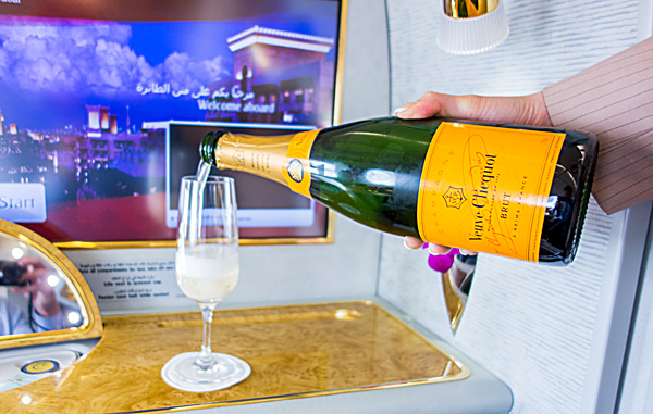 Emirates First Class Pre Departure Drink Veuve Clicquot Amsterdam Schiphol