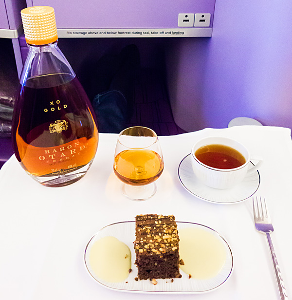 Baron Otard XO Gold Cognac with Chocolate Brownie and Tea Thai Airways A380 Royal Silk Business Class