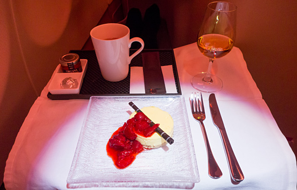Etihad Business Class Orange and white chocolate cheesecake