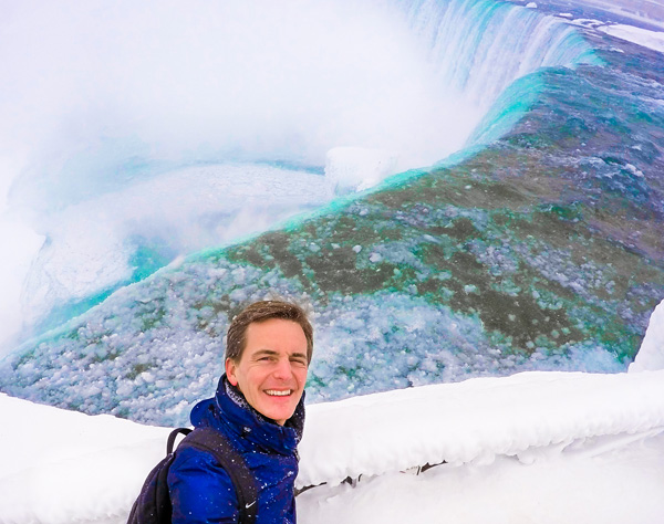Bart Lapers at frozen Niagara Falls HorseShoe Falls Canada