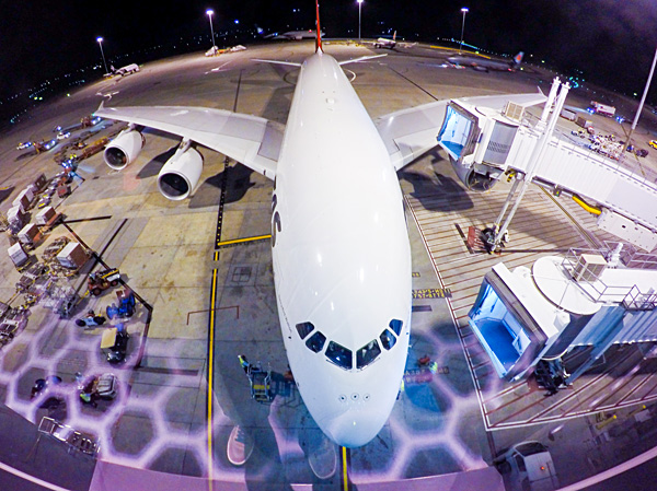 Qantas First Class A380 seen from the Melbourne First Class lounge