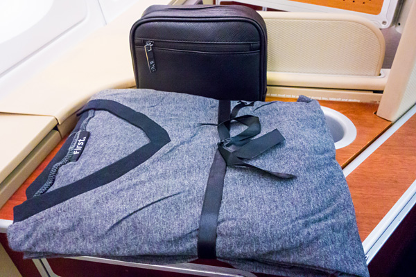 Qantas First Class Amenity kit and pyjamas