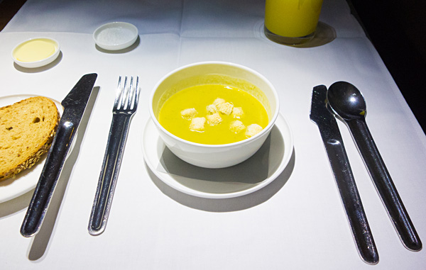 Qantas First Class Cream of pea and mint soup with croutons
