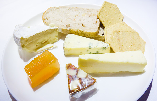 Qantas First Class Dining Selection of cheese served with accompaniments