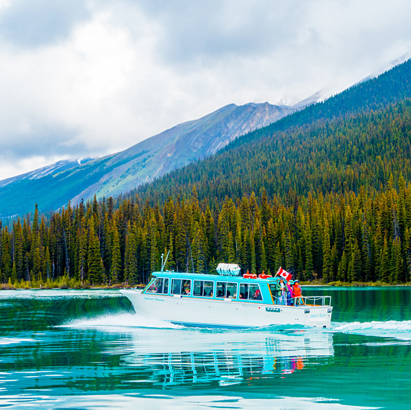 Boat to Spirit Island on Maligne Lake Jasper National Park Canada