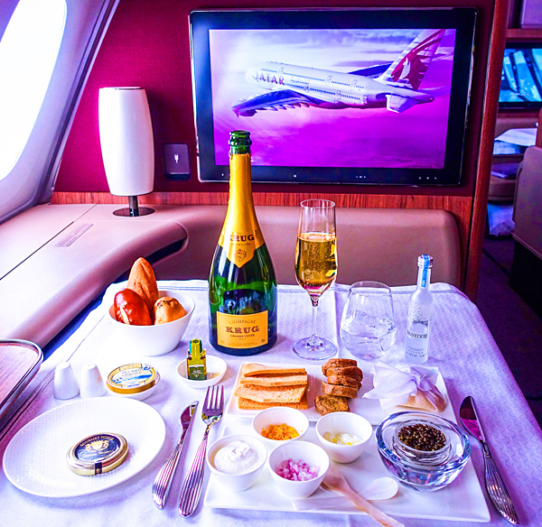 Qatar Airways First Class Oscietra Caviar Krug Grand Cuvée Champagne and Belvedere Wodka