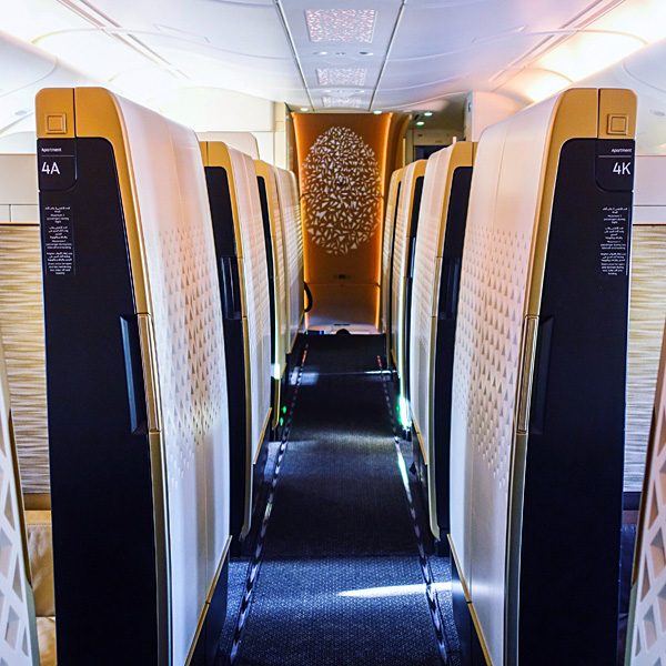 Etihad A380 upper deck featuring 9 first class apartments and the residence