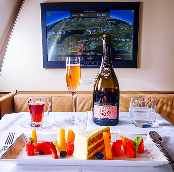 Etihad First Class Dessert Duval Leroy Rose Prestige Champagne Arabic Tea