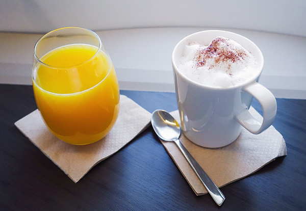 Cathay Pacific A350 Business Class perfect Cappuccino and Orange Juice