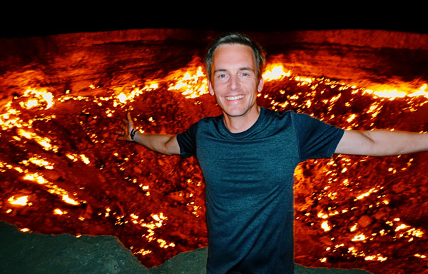 Bart Lapers at Darvaza gas crater Gates of Hell Turkmenistan