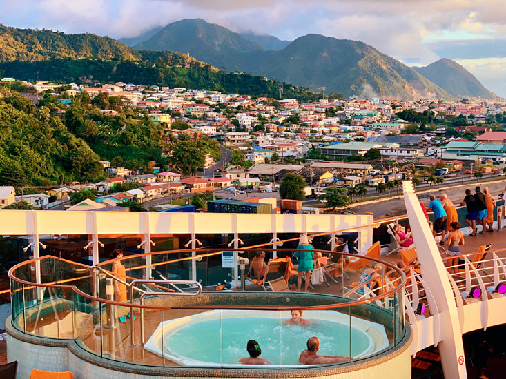 Jacuzzi view MSC Preziosa cruise ship at Dominica Island in January 2020